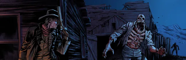 Blood West art: a cowboy with a revolver beside a skeletal undead creature with an open ribcage in a night-time frontier town
