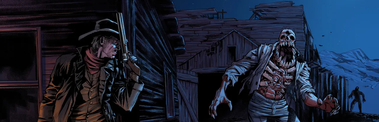 Blood West art: a cowboy with a revolver beside a skeletal undead creature with an open ribcage in a night-time frontier town