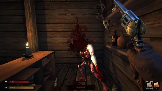 First-person view firing a revolver at a pale ghoul in a candlelit wooden shack, with blood spraying