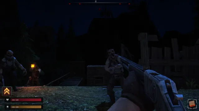 Aiming a rifle at undead outlaws carrying torches between wooden buildings at night