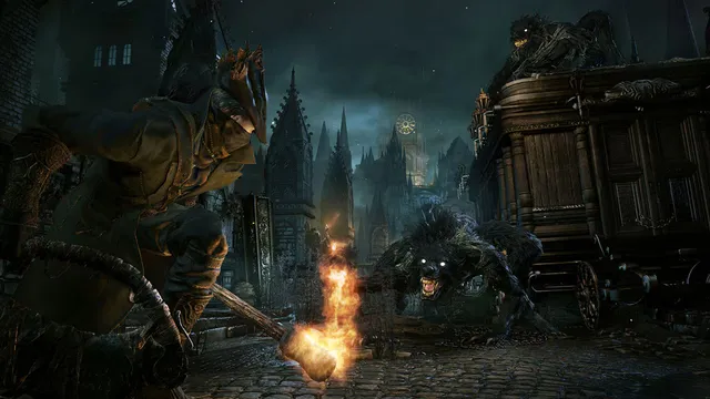 A hunter with a burning torch faces a snarling beast beside a carriage in a dark gothic street