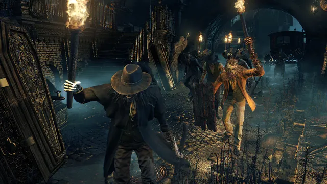 A torch-carrying mob of townsfolk in a cobbled street, with coffins chained to the walls