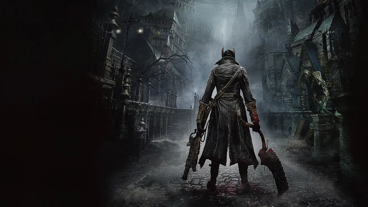 Bloodborne key art: a hunter in a long coat and tricorn hat, holding a saw cleaver and a pistol, stands in a misty gothic street
