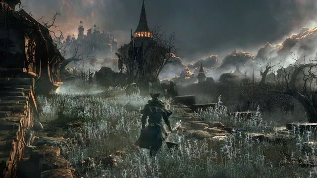 A hunter walks through an overgrown field of dead trees toward a distant gothic tower