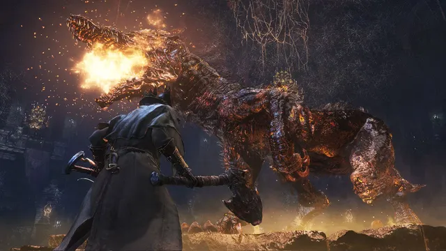 A hunter faces a huge fire-breathing beast amid flames