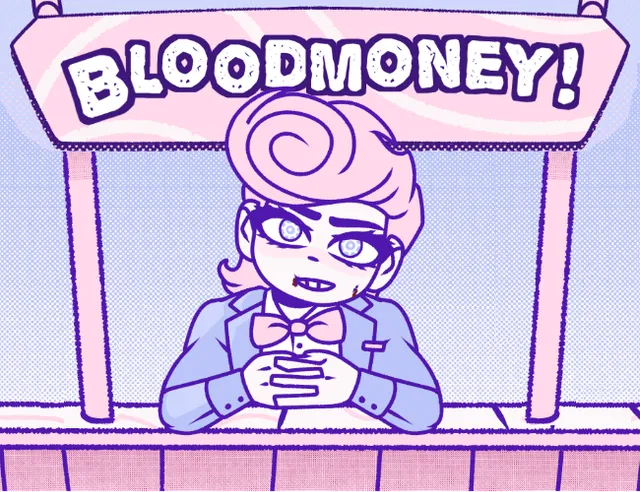 BLOODMONEY cover: Harvey with a pink swirl of hair and a bow tie sitting in his stall under the BLOODMONEY sign