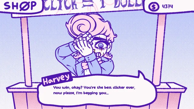 Harvey bruised and crying, covering one eye, begging you to stop