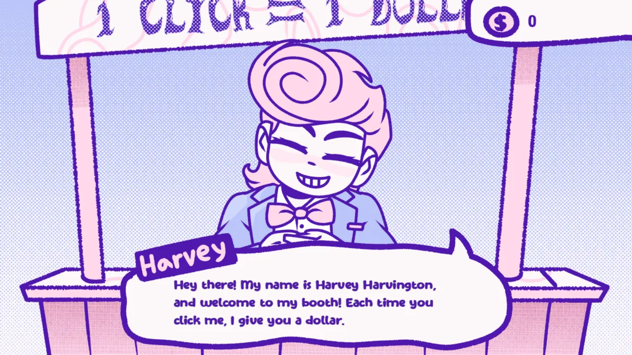 Harvey smiling in his pastel booth under a One click equals one dollar sign, introducing himself