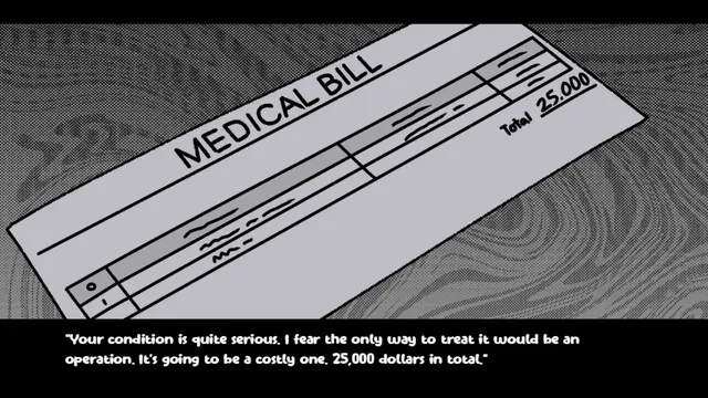 A grey medical bill with a total of 25,000 dollars and a doctor saying your condition is serious