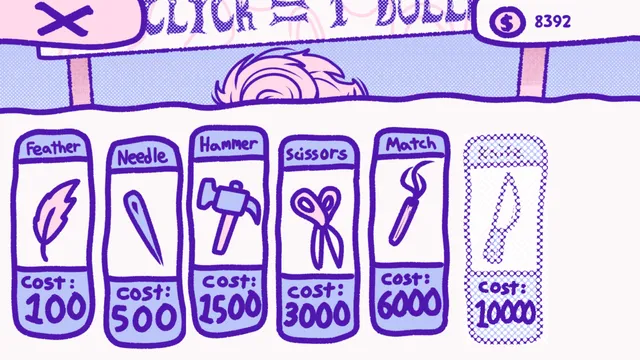 The shop: a feather, needle, hammer, scissors and match for sale, each priced higher than the last
