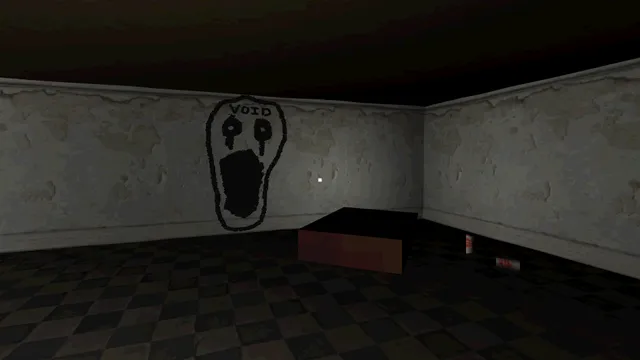 A screaming face with the word VOID scrawled on the wall of a dark, empty room