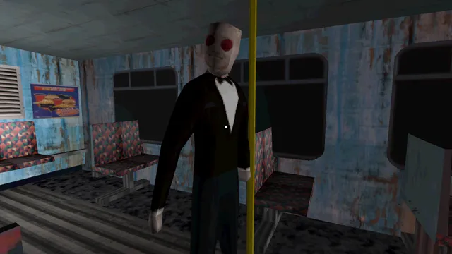 A man in a tuxedo with a blank white mask and red eyes standing in the aisle of a grimy night bus