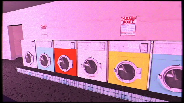 A row of coloured washing machines in a pink-lit laundromat with a PLEASE DON'T sign on the wall