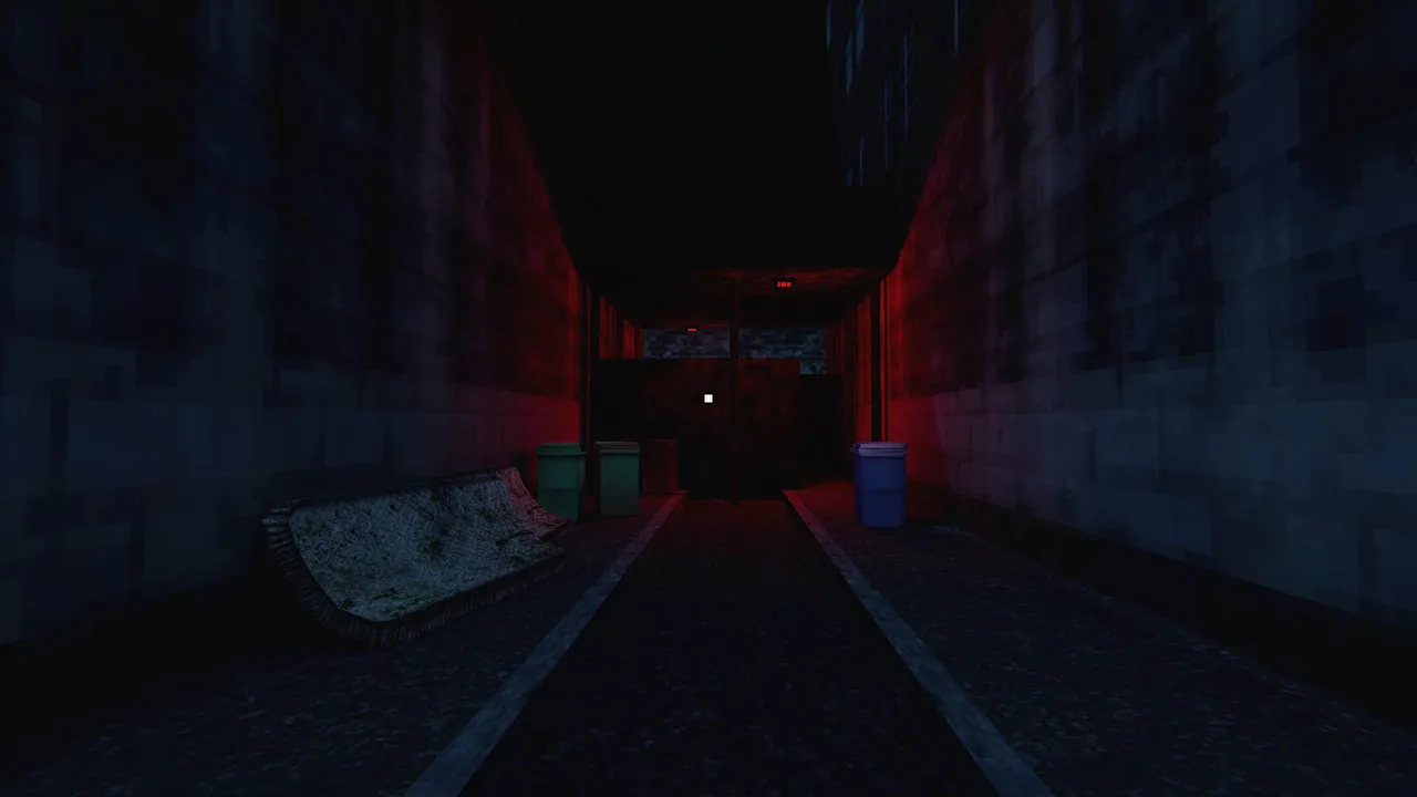 Bloody Hallowfest screenshot: a narrow brick alley lit red at the far end, with bins and a dumped mattress