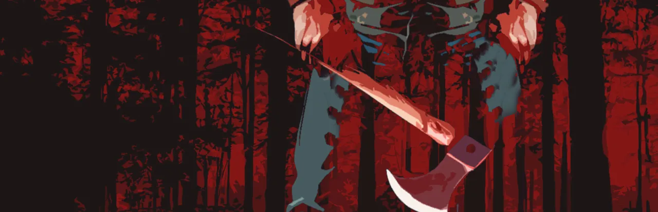 Bloody Hallowfest art: a killer holding a bloody axe stands against a red forest