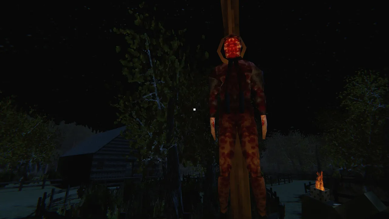 Bloody Hallowfest screenshot: a young man sits on a picnic table beside a glowing jack-o'-lantern in a dark camp hut