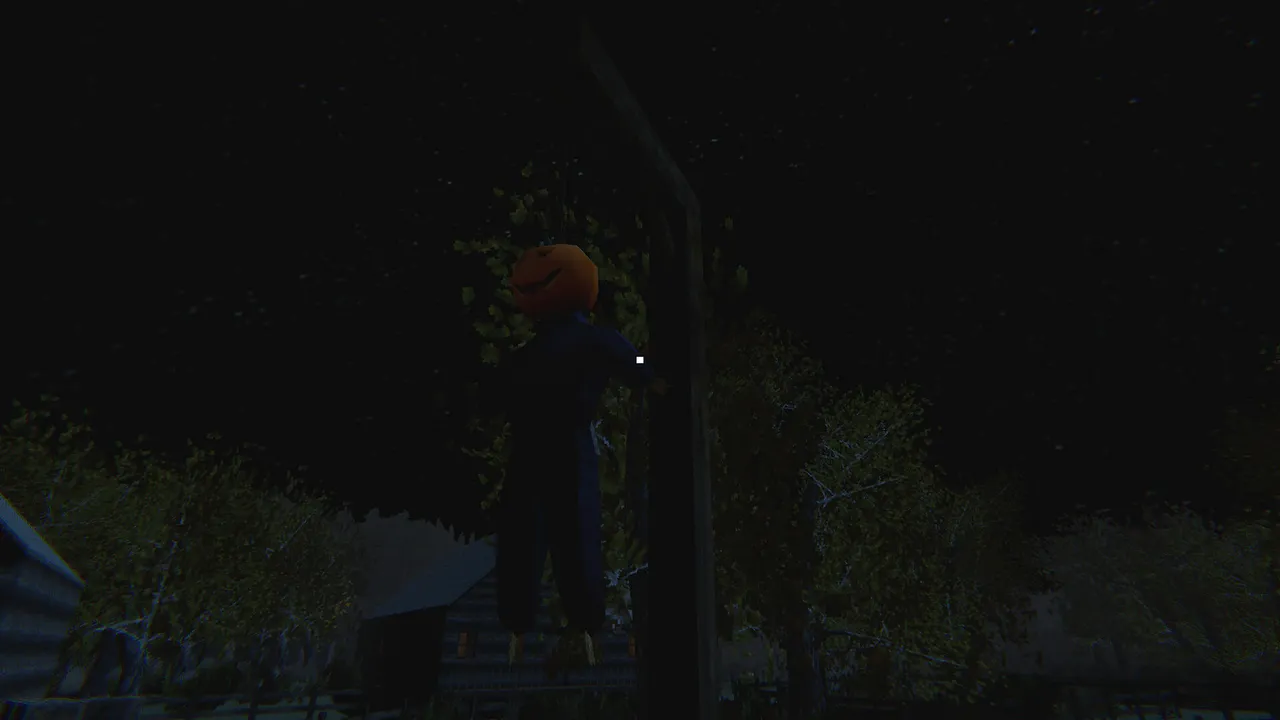 Bloody Hallowfest screenshot: a figure with a pumpkin head stands by a pole among trees at night