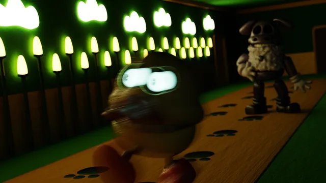 A chicken animatronic with huge eyes lunges down a corridor lit with glowing lamps