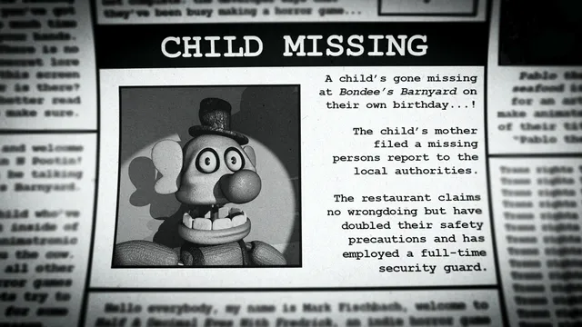 A newspaper page headlined Child Missing, about a child who vanished at Bondee's Barnyard