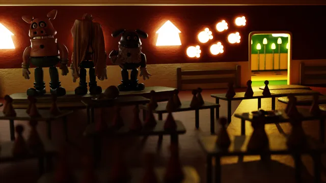Three animatronics stand on a stage above rows of party tables in a dim restaurant