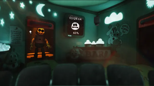 The view from inside Kou: a teal-lit room with doors on each side, a clock reading 01:28 AM, 60% power and a yellow animatronic in the doorway