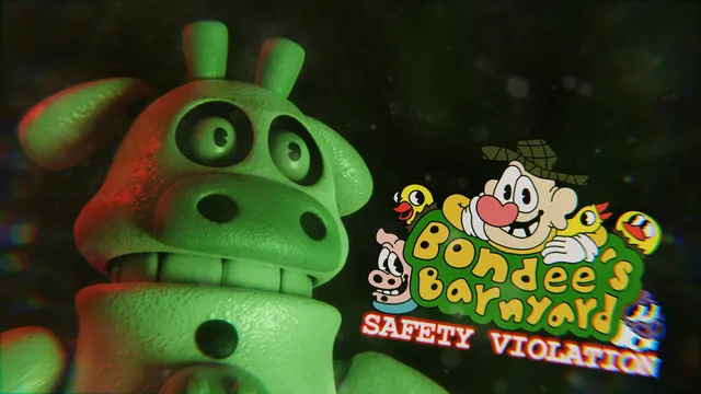 Bondee's Barnyard: Safety Violation key art: a green-lit animatronic head with big eyes beside the game's cartoon logo
