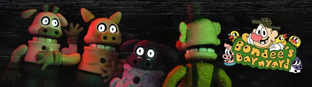 Banner art of the Bondee's Barnyard animatronics lined up beside the logo