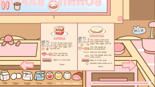 The recipe book open on red velvet cake and white doughnuts over the kitchen, with ingredients along the bottom