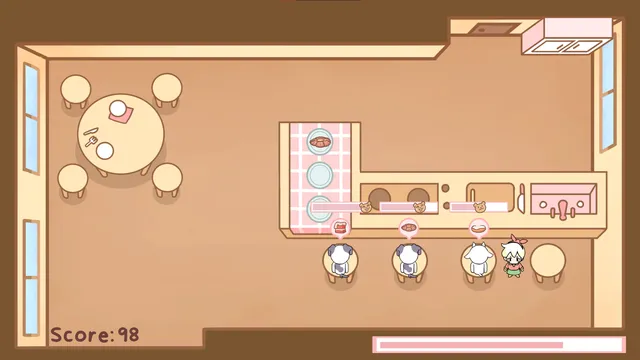 The bakery from above: animal customers wait at the counter with their orders while Bonnie serves them