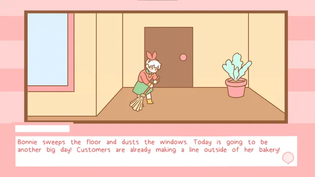 Bonnie sweeps the floor of her pastel bakery while the text box says customers are already lining up