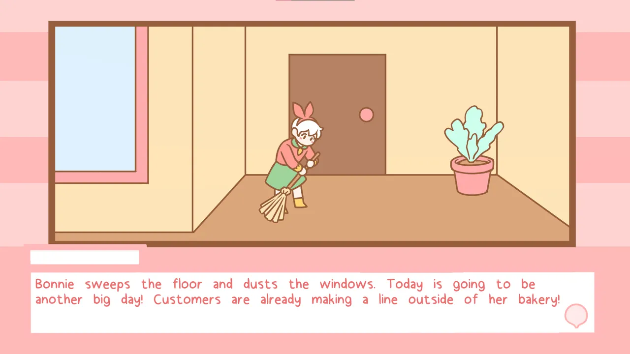Bonnie sweeps the floor of her pastel bakery while the text box says customers are already lining up