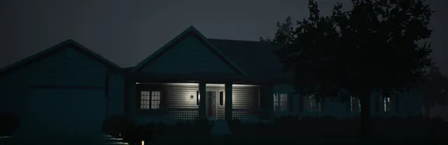 Boo Men art: a suburban house at night with its porch light on and a dark tree beside it