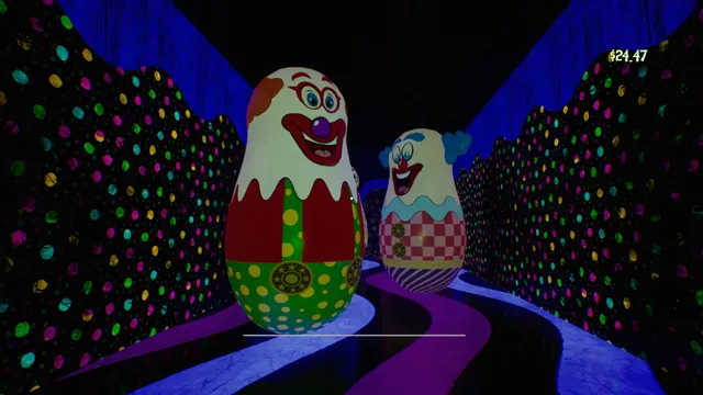 Two giant clown-faced figures in a colourful polka-dot funhouse corridor