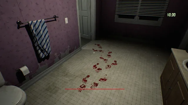Bloody footprints across a bathroom floor beside a towel rail and toilet