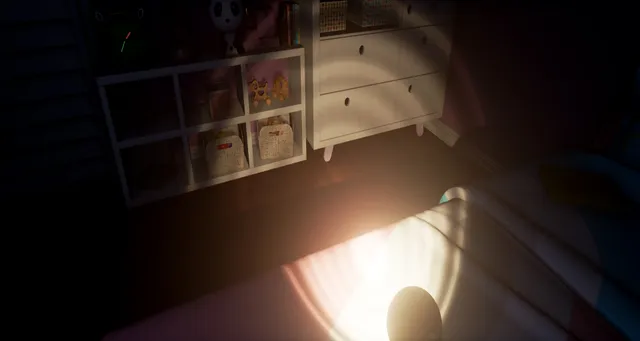 The flashlight lighting the end of a bed in a dark child's room beside a dresser and toy shelves