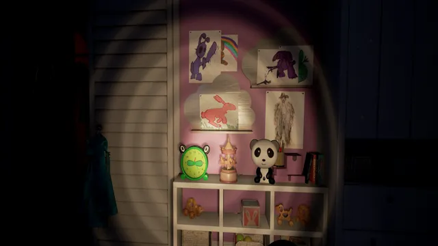 A flashlight beam on a shelf of toys and children's drawings, one of a tall shaggy figure, on a pink bedroom wall