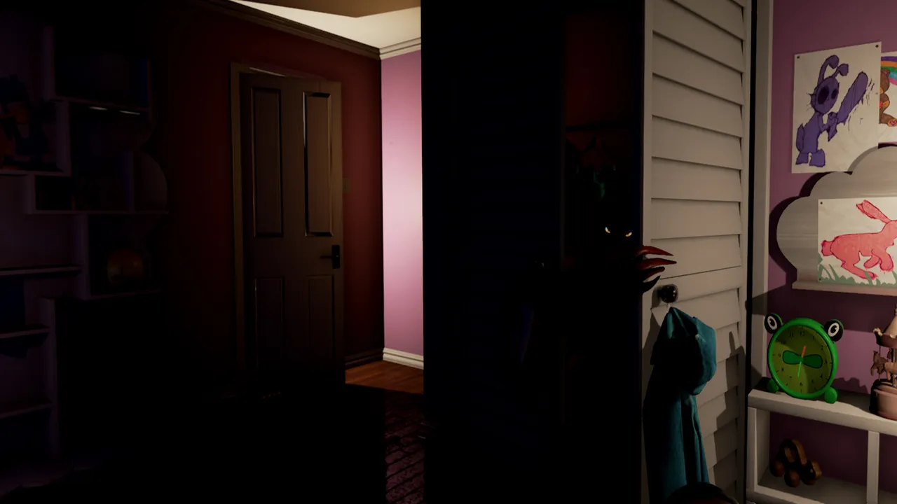 Glowing eyes and a clawed hand reaching out from behind the slatted closet door of a child's dark bedroom