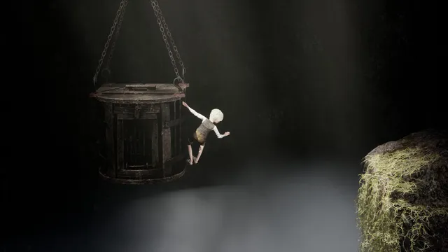 Bramble: The Mountain King screenshot: Olle clings to a wooden cage hanging on chains over a misty drop