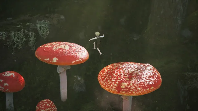 Bramble: The Mountain King screenshot: Olle jumps between giant red toadstools in a mossy forest