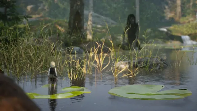 Bramble: The Mountain King screenshot: Olle wades through a pond of lily pads while a dark, long-haired figure watches from the water