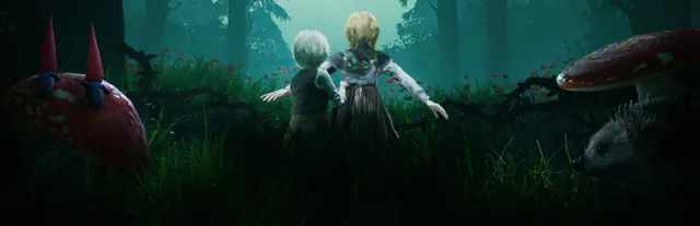 Bramble: The Mountain King key art: Olle and his sister in a dark green forest with red toadstools, a gnome and a hedgehog