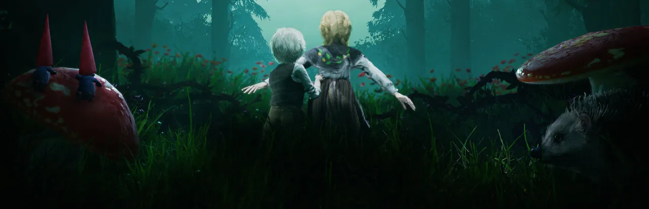 Bramble: The Mountain King key art: Olle and his sister in a dark green forest with red toadstools, a gnome and a hedgehog