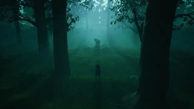 Bramble: The Mountain King screenshot: a small Olle in a misty night forest with a hulking creature among the trees ahead