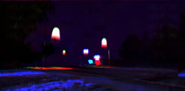 A glitching night road with smeared red and blue neon shapes and street lights