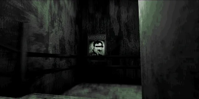A grimy dark corridor with a missing poster of a person on the far wall