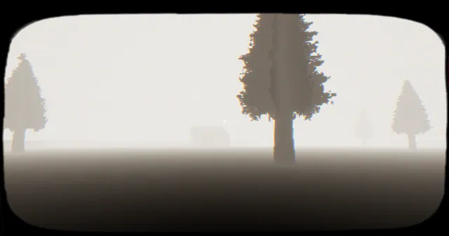 A foggy white field with blurred pine trees, seen through a rounded CRT-style frame