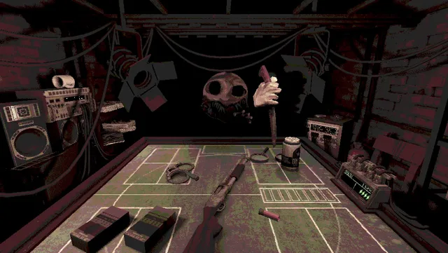 Buckshot Roulette screenshot: the shotgun lies on the green table with handcuffs, cigarettes and a beer can as The Dealer looks on