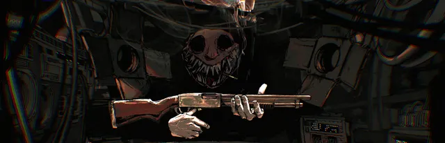 Buckshot Roulette key art: The Dealer, a face with a huge toothy grin, holds out a pump shotgun in pale hands