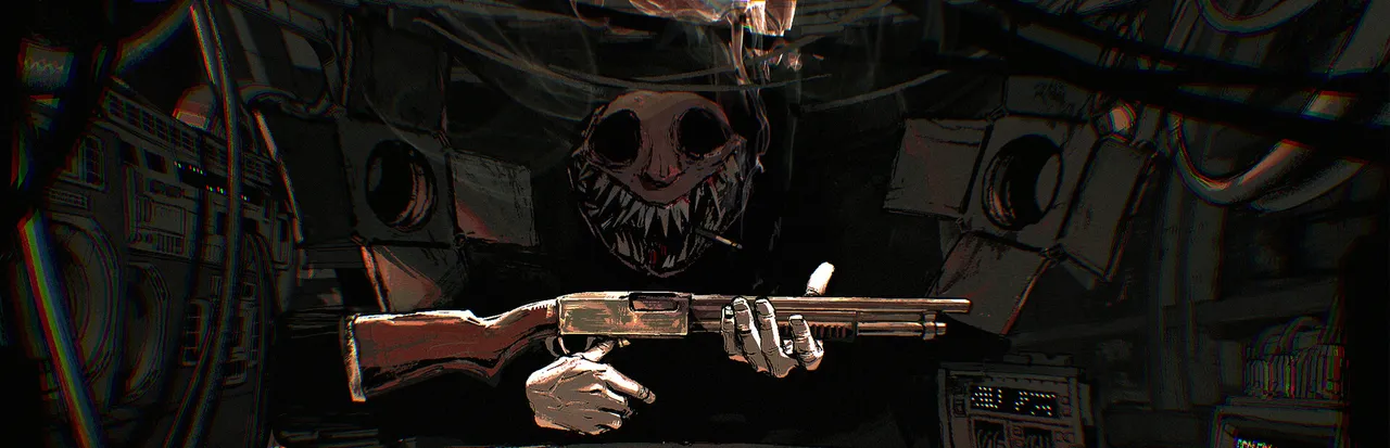 Buckshot Roulette key art: The Dealer, a face with a huge toothy grin, holds out a pump shotgun in pale hands