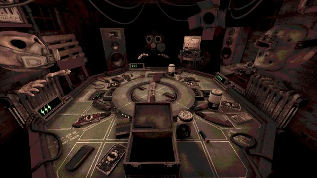 Buckshot Roulette screenshot: a round four-player table covered in items, with masked players seated around it